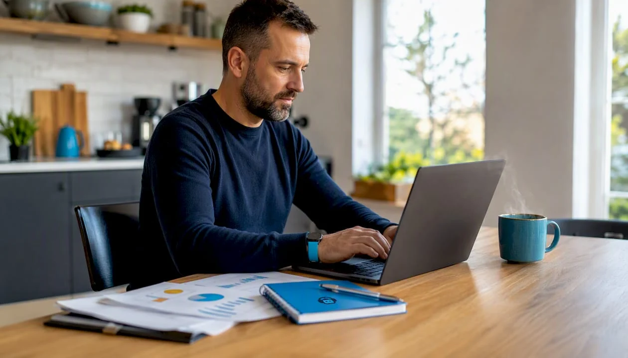 Hands typing on laptop with SEO documents