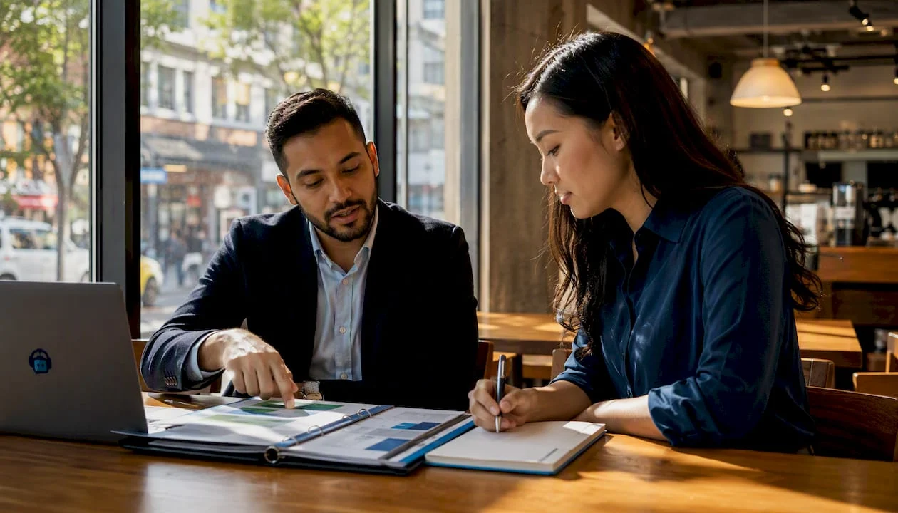 Two professionals reviewing SEO consultant materials