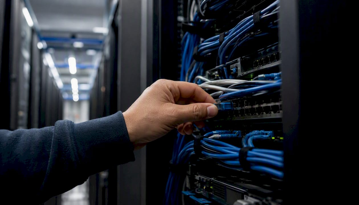 WordPress Maintenance Plans in 2026: What SMBs Need to Know 2 Hand inspecting server cable in managed hosting server room