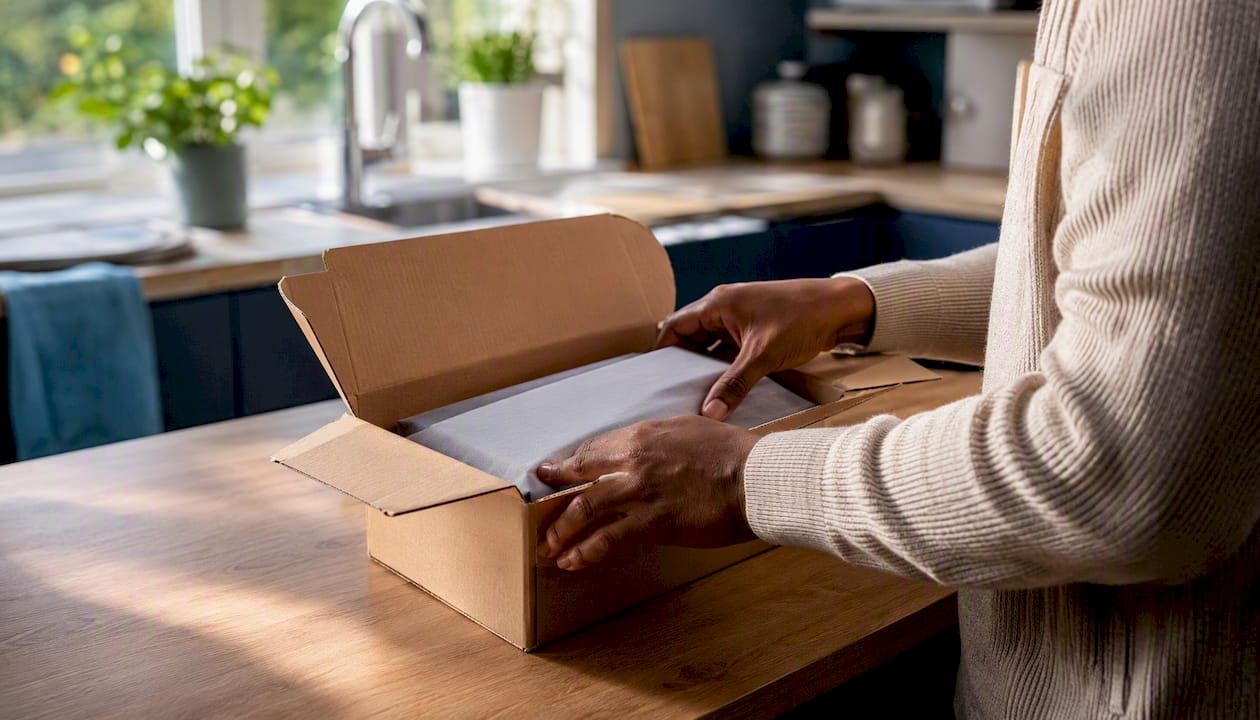Hands unboxing product at home