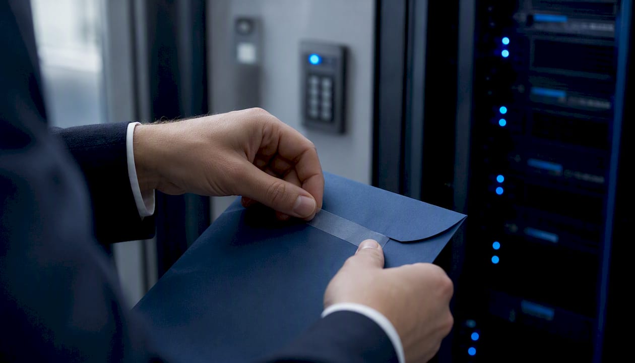 AI Chatbot Setup Steps: Your 2026 Business Playbook 1 Hands sealing credentials envelope in server room