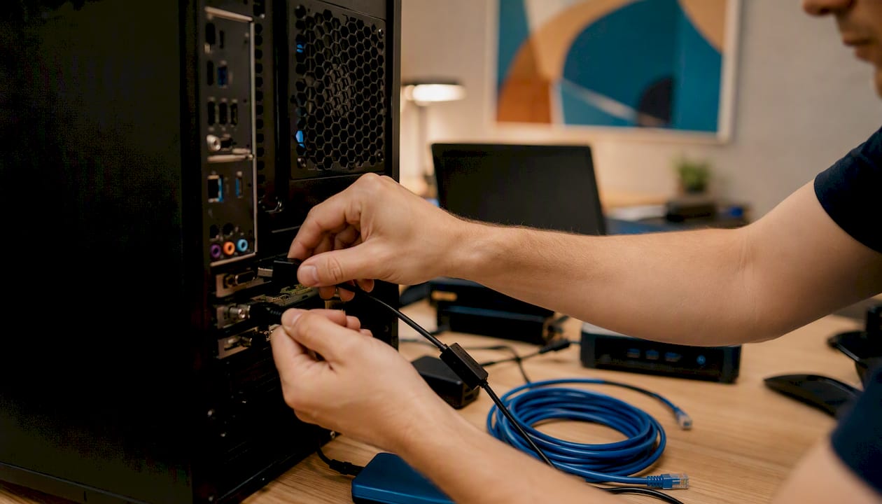 Hands unplugging devices from computer ports
