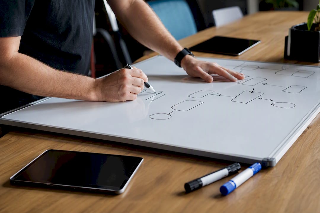 Hands sketching chatbot conversation flow on whiteboard