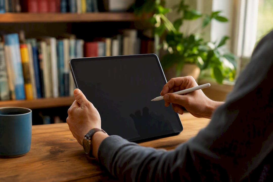 Hands cropping image on tablet