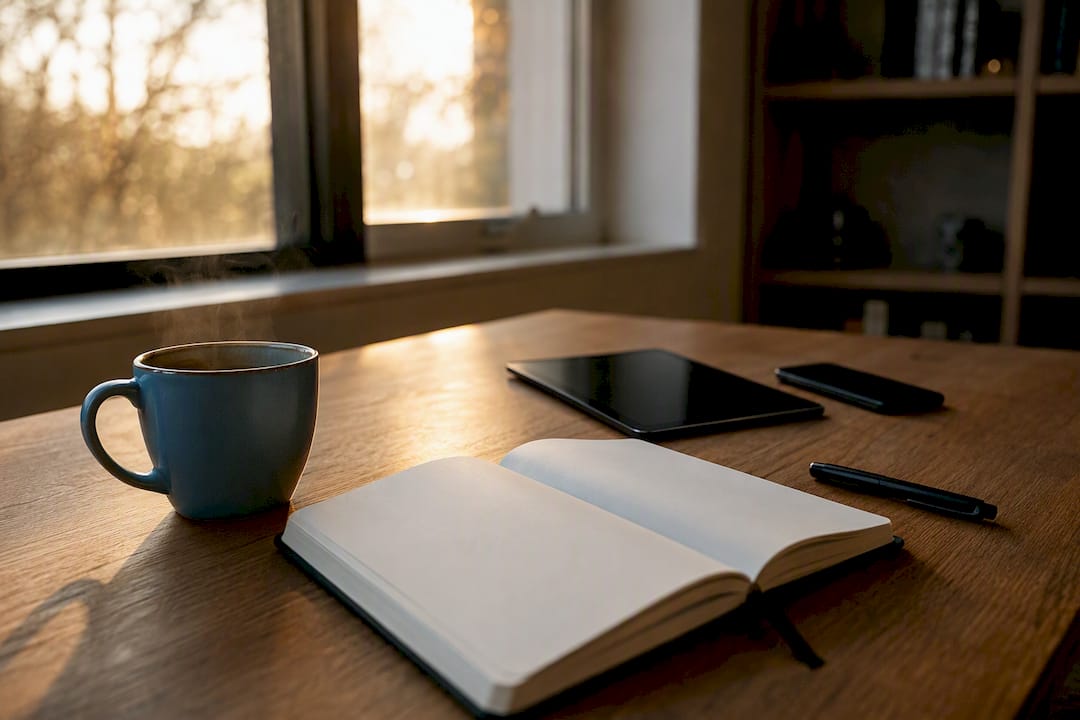 Quiet minimal workspace with devices and coffee