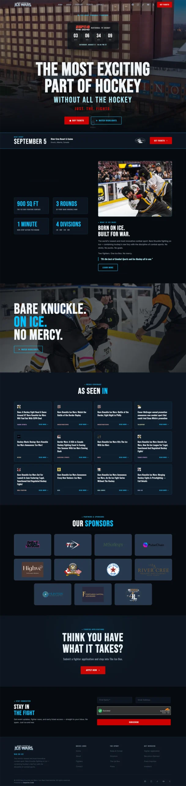 Bare Knuckle Ice Wars website — full page screenshot