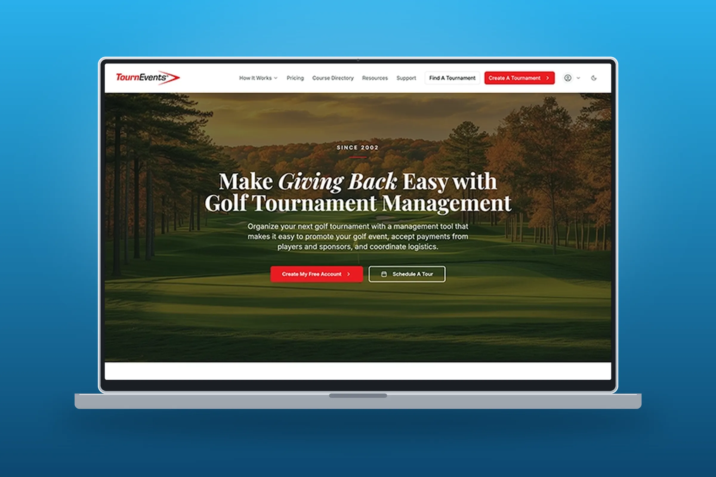 The TournEvents website shown on a laptop