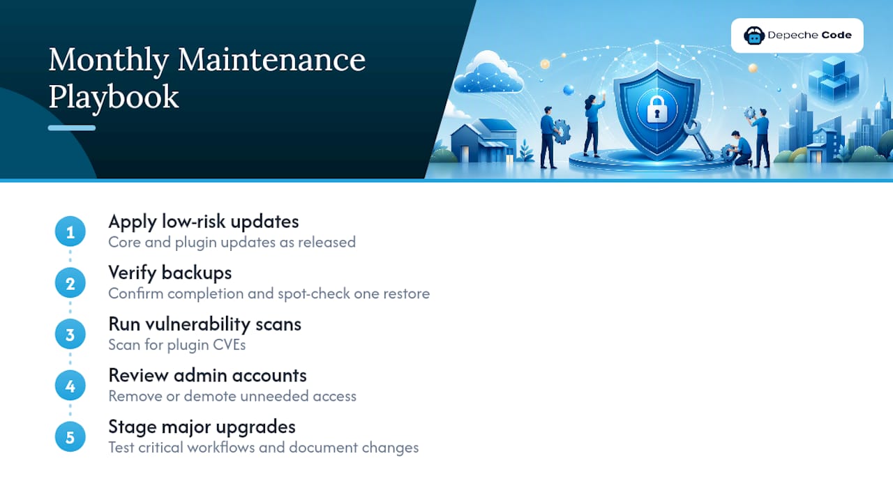 The Depechecode Maintenance Playbook: A Monthly Cadence Worth Copying — overview diagram