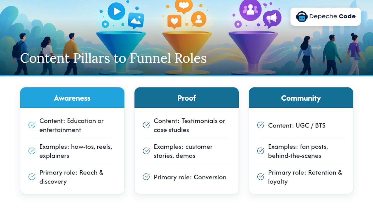 Three content pillars mapped to funnel stages