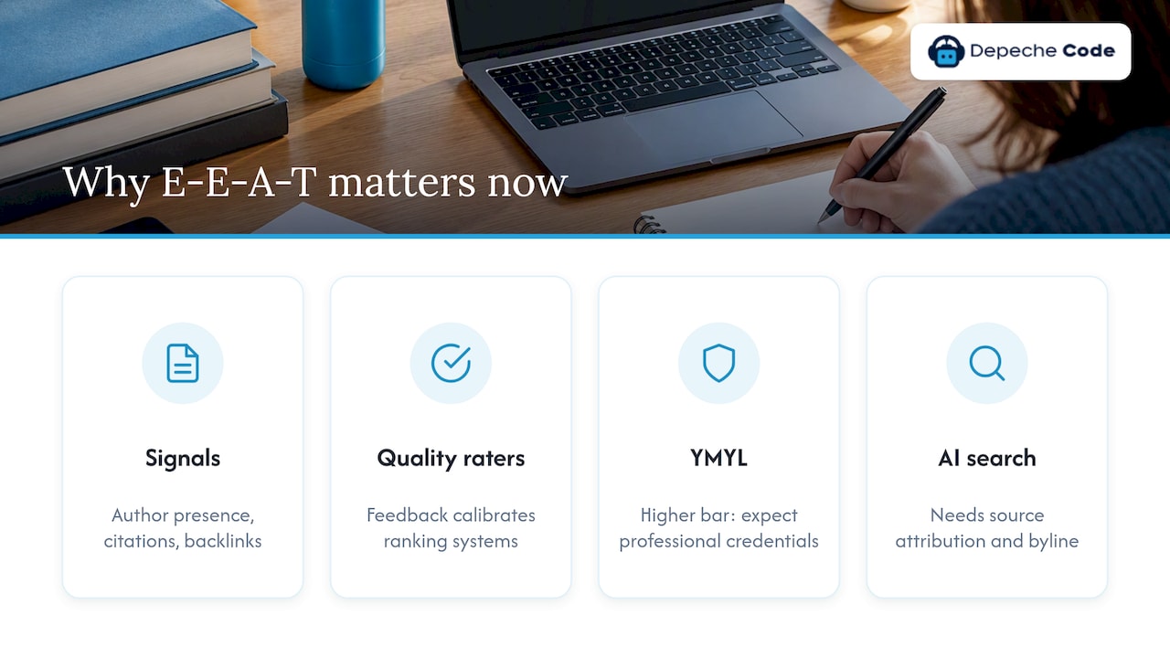 Why E-E-A-T matters now: quality raters, YMYL, and AI search — overview diagram