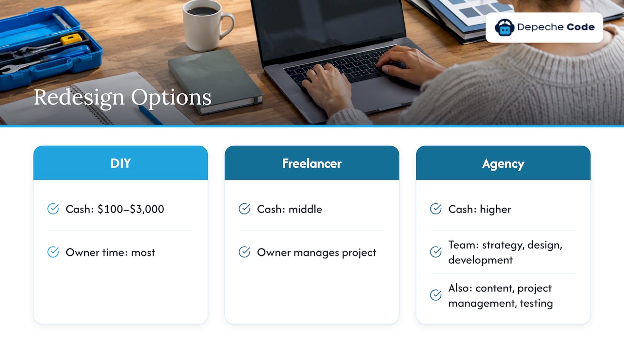 Comparison of DIY freelancer and agency redesign options
